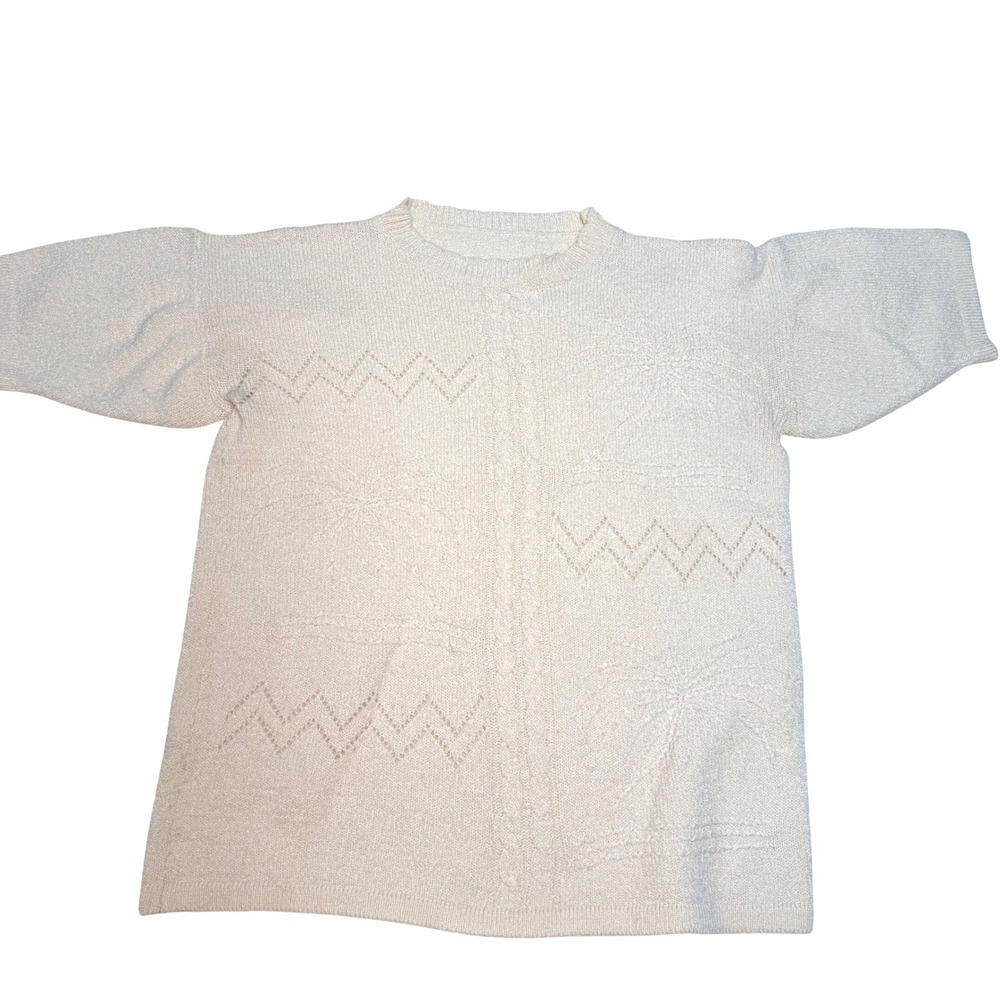 Vintage‎ Off White Palm Tree Knit Sweater Short Sleeve Pointelle Crewneck Cream